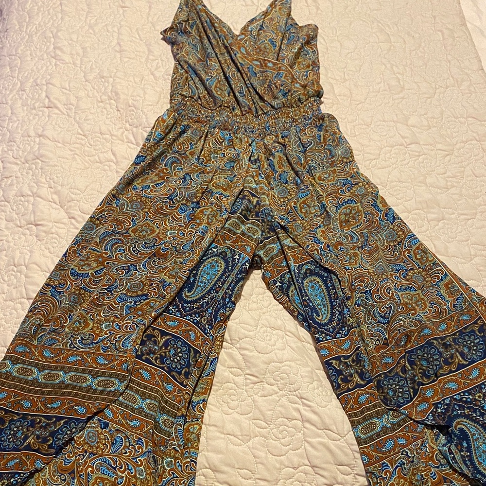 Paisley Print Wide-Leg Jumpsuit in Blue and Brown slit on legs